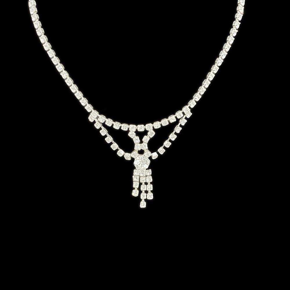 Vintage Art Deco Rhinestone Tassel Drop Necklace Sparkly Silver